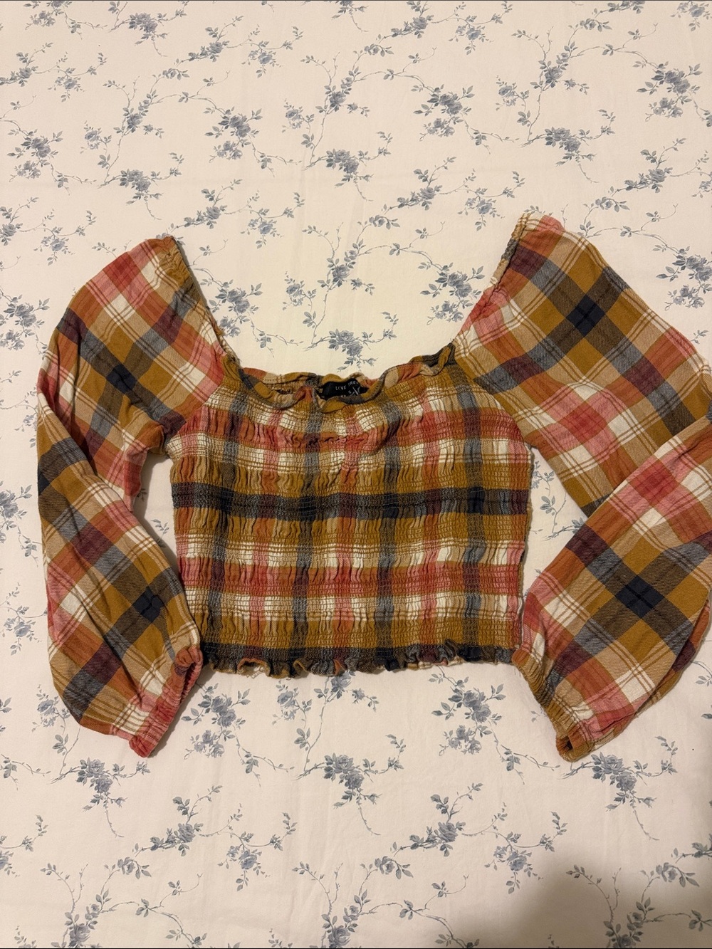 Plaid Smocked Long-Sleeve Crop Top - Mustard Multi, Size Small